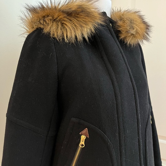 J. Crew Women's Black Stadium Cloth Wool Coat with Faux Fur Hood Size 0 - Picture 7 of 10